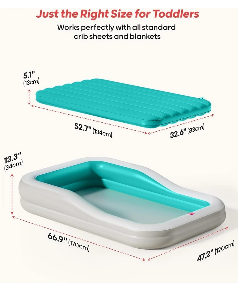 Qpau Inflatable Toddler Travel Bed with 3-Sided Safety Bumpers, Extra Large Kids Air Mattress, Includes Detachable Mattress, Portable