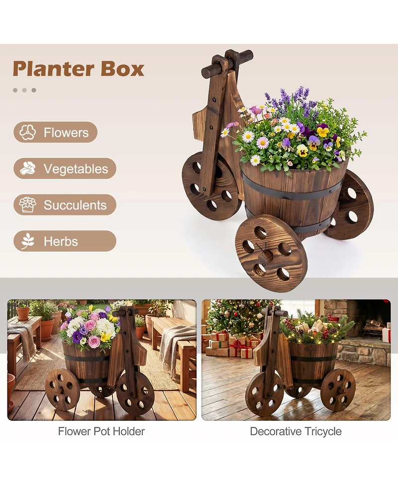 Sugift Rustic Wood Tricycle Planter Cart with Drainage Hole