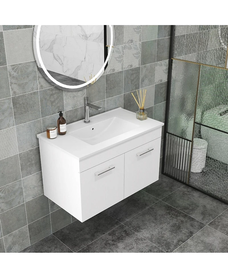 Sillysis Inch Wall Mounted Bathroom Vanity with Ceramic Sink, Soft Close Doors