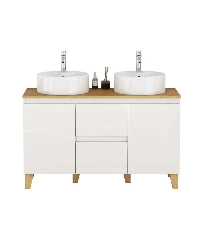 Sillysis Double Bathroom Vanity with Solid Wood Top, Round Ceramic Sinks, Glossy Cabinet, Soft-Close Storage for Large Spaces