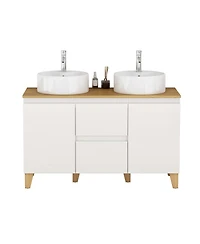 Sillysis Double Bathroom Vanity with Solid Wood Top, Round Ceramic Sinks, Glossy Cabinet, Soft-Close Storage for Large Spaces