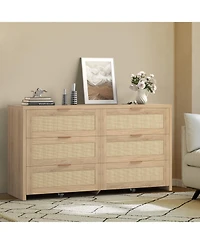 gaomon 56" 6 Drawer Dresser, Rattan Tv Stand with Casters, Boho Storage for Bedroom.