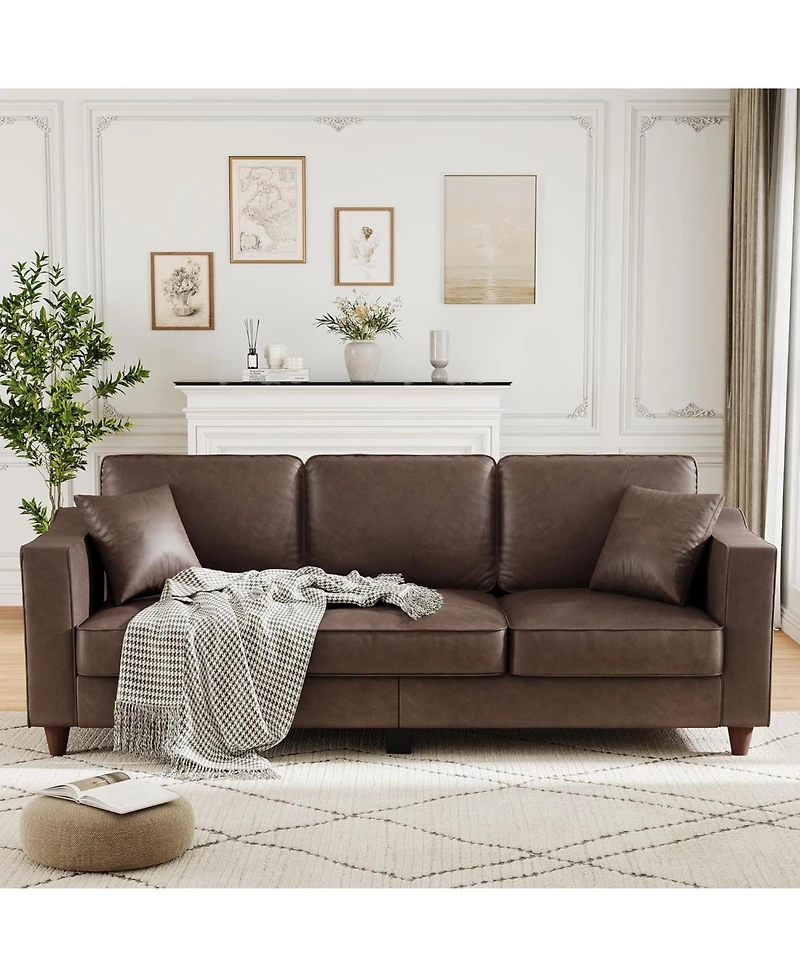 gaomon 85 Inch 3-Seater Sofa Couch Faux Leather Wide Armrests Deep Seats Wood Legs Back Cushion Sturdy Support