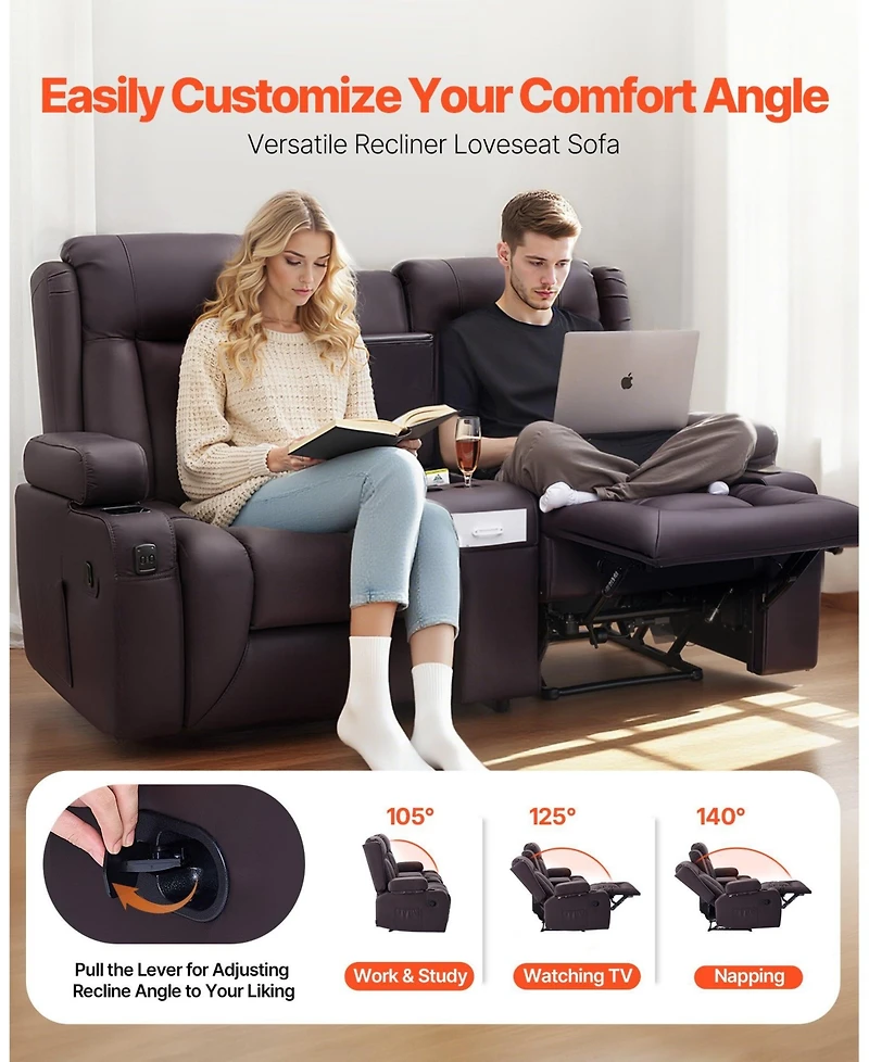 Gouun Faux Leather Manual Reclining Loveseat with Center Console, Usb and Cup Holders