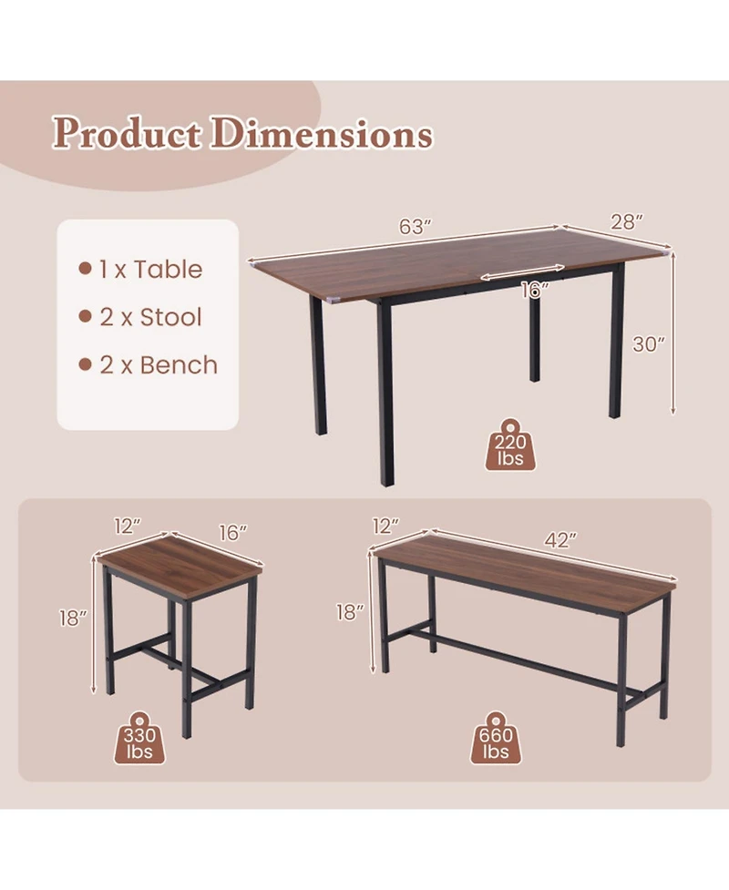 Gouun Extendable 5-Piece Dining Room Set for 4-6 with 2 Benches and 2 Stools