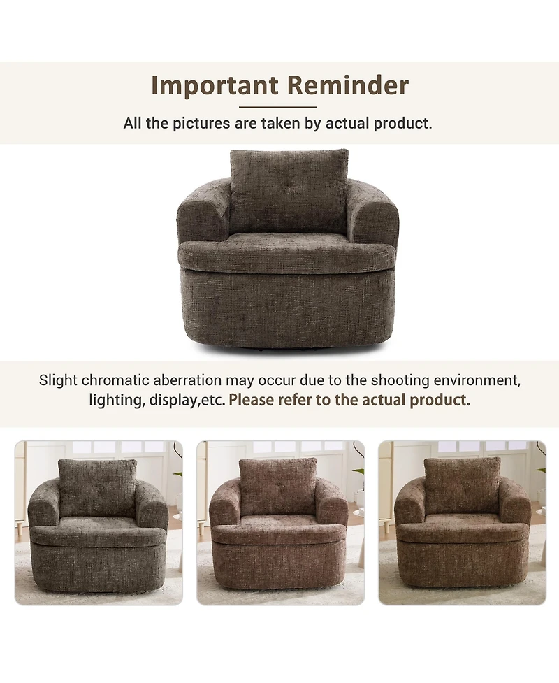 Rainsken Chenille Fabric 360degree(s) Swivel Round Chair, 36.6" Accent Barrel Sofa Chair with Dual-Layer Cushion for Living Room