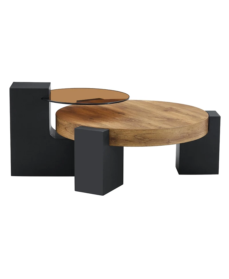 Rainsken Modern 2-Tier Coffee Table, Round Wooden Top with Black Block Legs and Glass Side Table for Living Room, Apartment