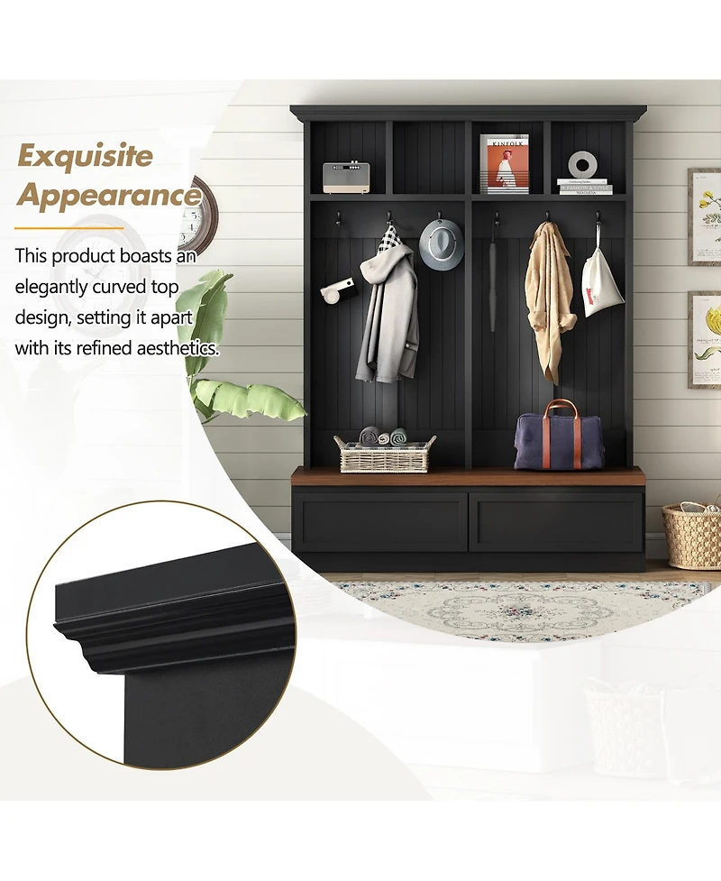 Rainsken Farmhouse Hall Tree, Versatile Coat Rack with Wood Grain Bench, 6 Hooks and 2 Storage Drawers, Entrance Organizer for Hallway, Living Room