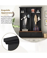 Rainsken Farmhouse Hall Tree, Versatile Coat Rack with Wood Grain Bench, 6 Hooks and 2 Storage Drawers, Entrance Organizer for Hallway, Living Room