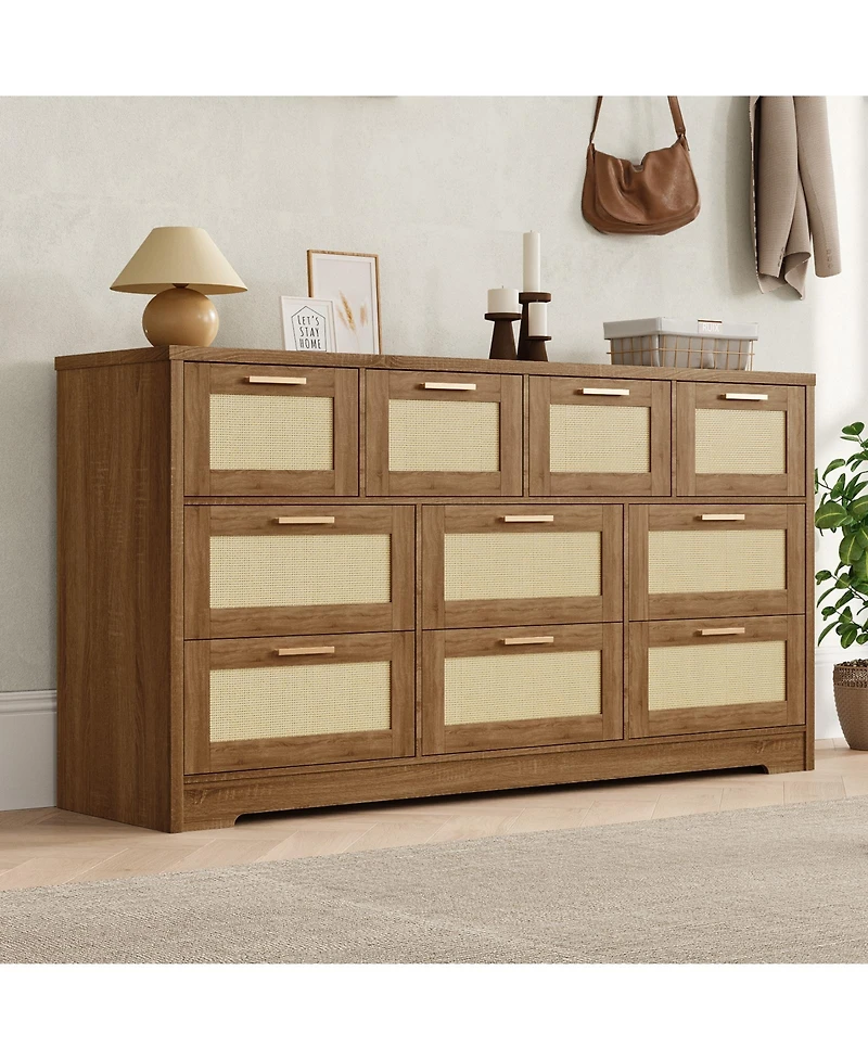 gaomon Modern Farmhouse 10 Drawer Rattan Dresser Storage Chest with Metal Handles.