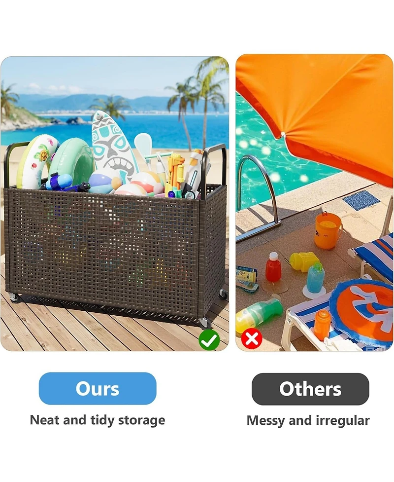 gaomon Poolside Rattan Storage Organizer, Pool Float Storage Holder with Mesh Rolling for Pool Noodles, Toys, Floats, Balls, Outdoor Storage Bin