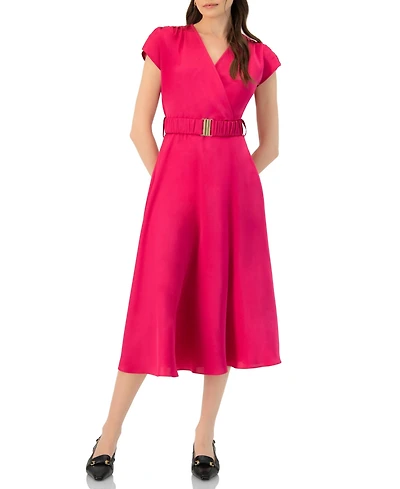 Ivonne Women's Sleeveless Midi Satin Dress with Belt
