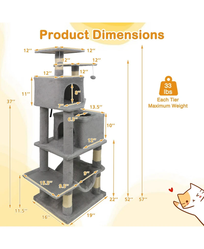 Cozito Cat Tree 57 in with 2 Condos Hammock and Hanging Balls