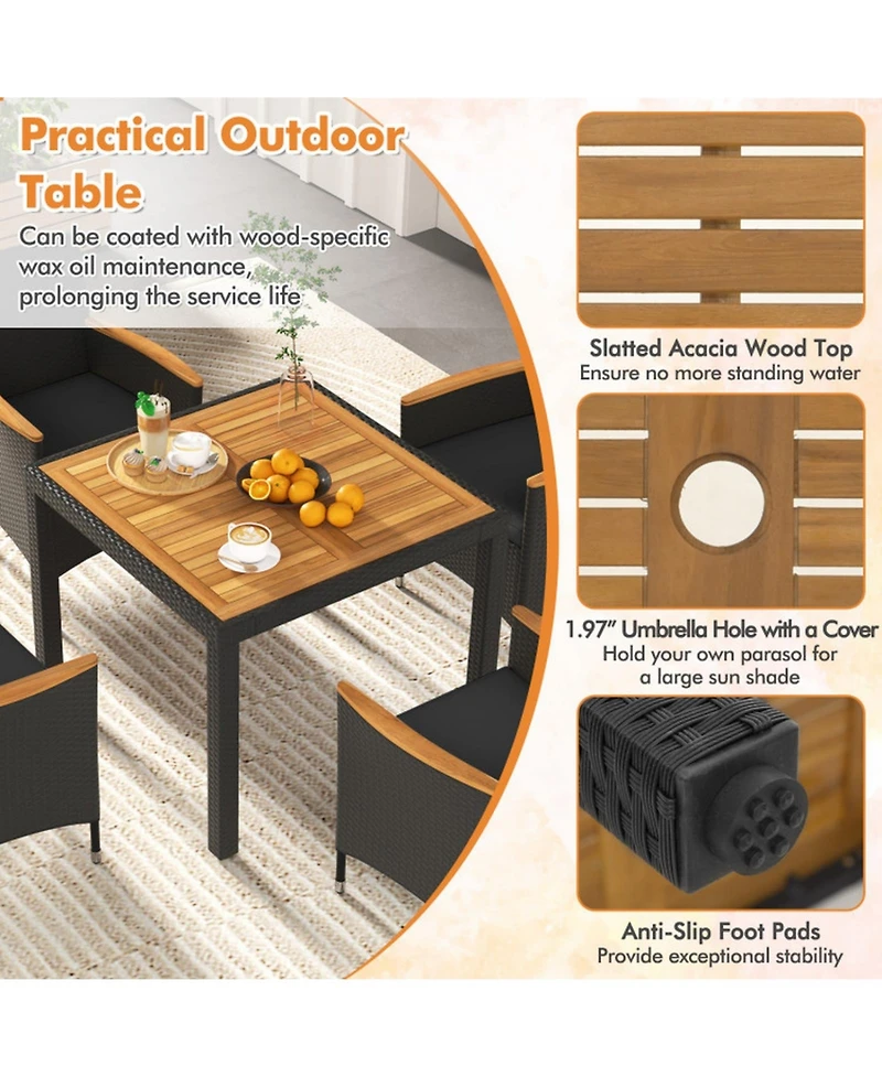 Gouun 5-Piece Pe Rattan Patio Dining Set for 4 with Umbrella Hole and Cushions