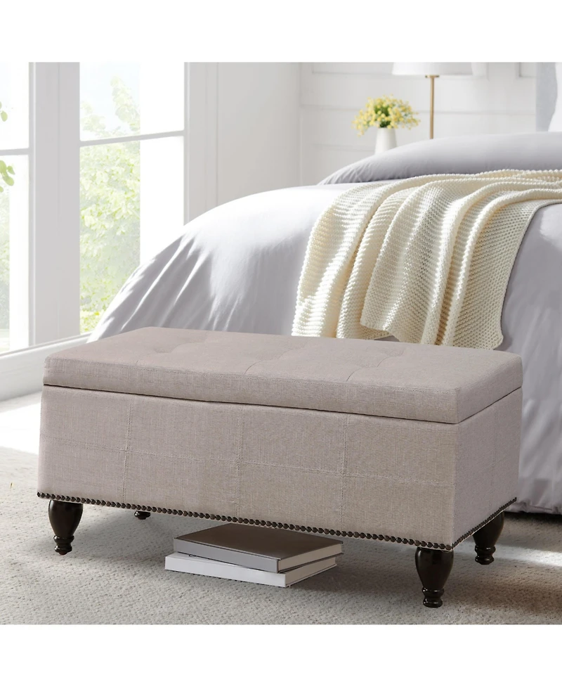 Boyel Living Linen Nailhead Accent Stool with Dark Wooden Legs, Versatile Shoe Bench and Seating