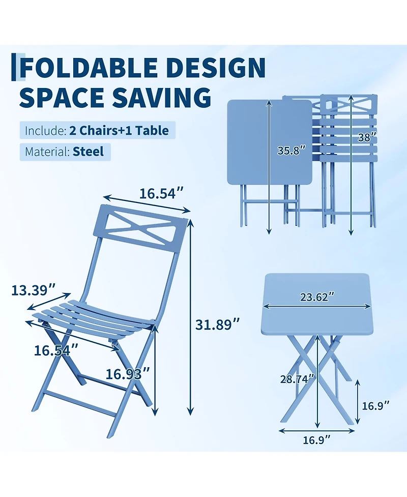 gaomon Patio 3-Piece Bistro Set Metal Folding Outdoor Table Chairs