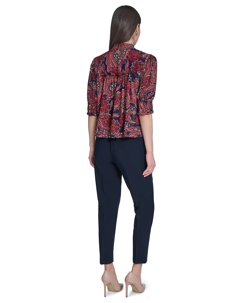 Tommy Hilfiger Women's Paisley Print Ruffle Neck Button Up Blouse