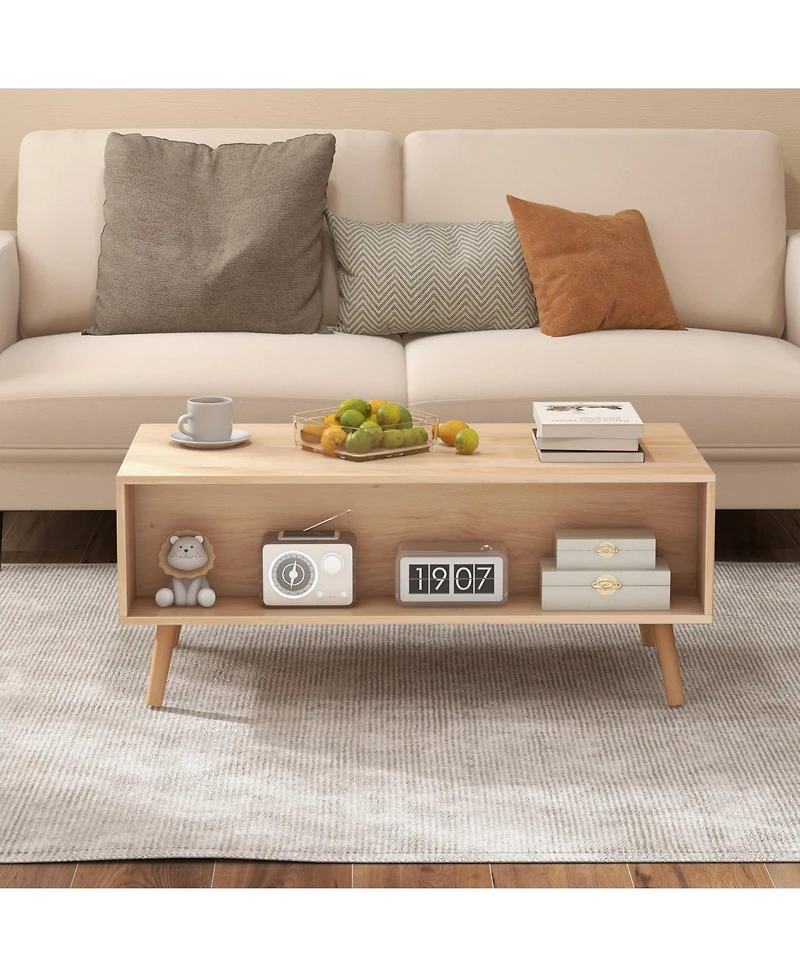 Sugift Rattan Coffee Table Mid Century Modern Center Table with 2 Storage Drawers-Natural