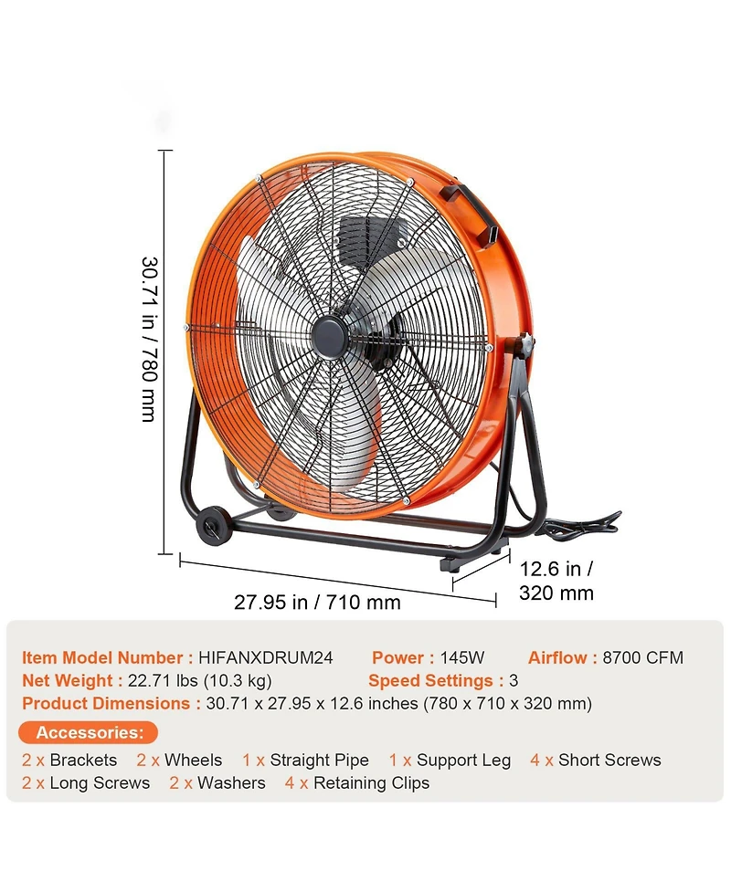 Mecale 24 Inch Industrial Drum Fan 8600 Cfm with Timer Heavy Duty