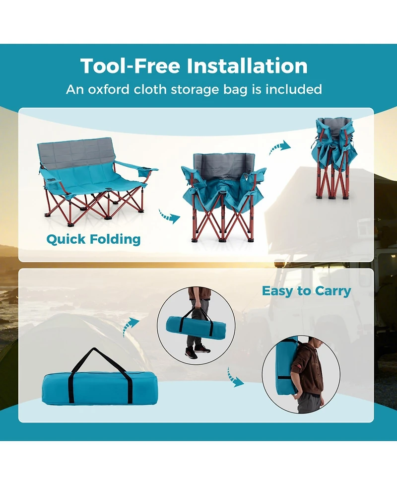 Sugift Oversized Camping Chair Folding Loveseat Camping Couch with Cup Holders & Thick Padding