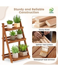 Sugift Foldable Three Tier Solid Wood Plant Stand for Patio