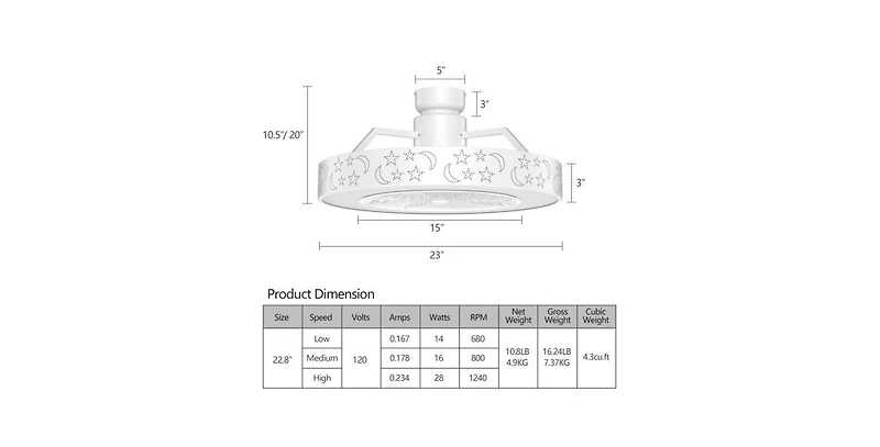 Mecale 23 Inch Ceiling Fan with Led Light Remote Starry Lampshade