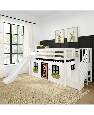 Max & Lily Low Twin over Twin Bunk With Stairs, Easy Slide Farmhouse Curtain