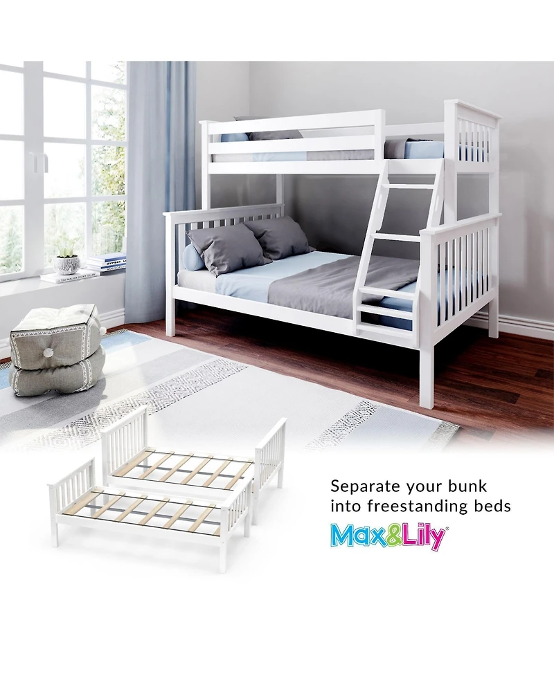 Max & Lily Bunk Bed Twin over Full Size, Solid Wood Beds with Ladder for Kids
