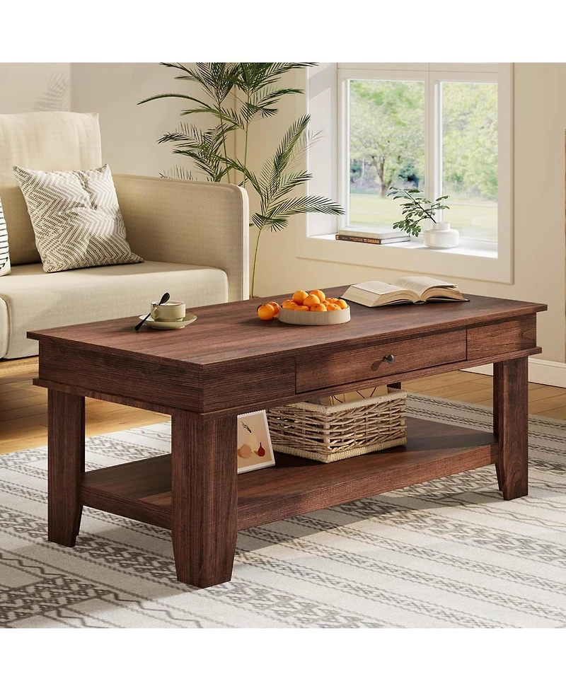 gaomon Walnut Coffee Table with Drawer, 47.2" Center Table with Storage Shelf, Rustic Coffee Tables Long Living Room Furniture
