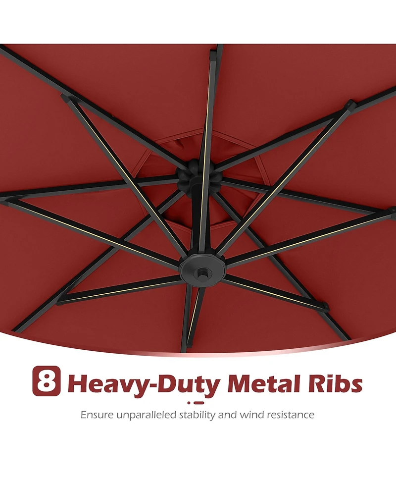 Sugift 10 Feet Solar Offset Hanging Umbrella with Base and 32 Led Lights-Wine