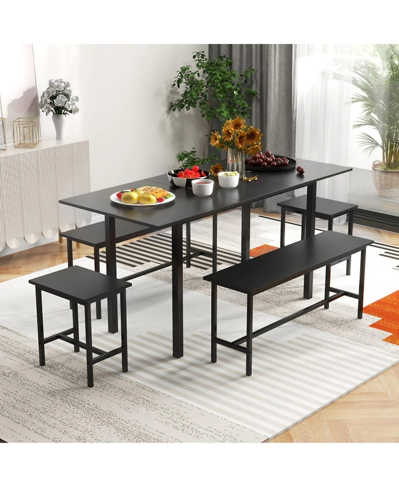 Gouun 5-Piece Expandable Dining Table Set with Benches and Stools, Seats 4 to 6