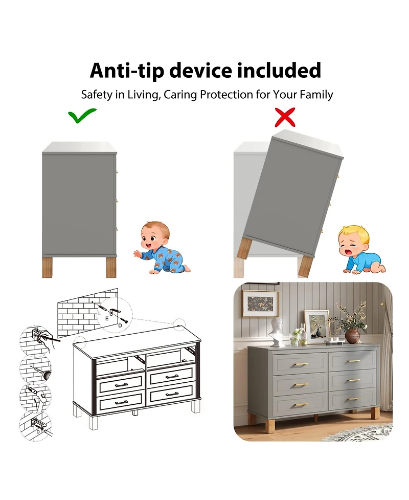 Rainsken Spacious 6-Drawer Chest of Drawers, 47.24'' Modern Dresser with Metal Accent Handles and Solid Wood Legs for Household Storage