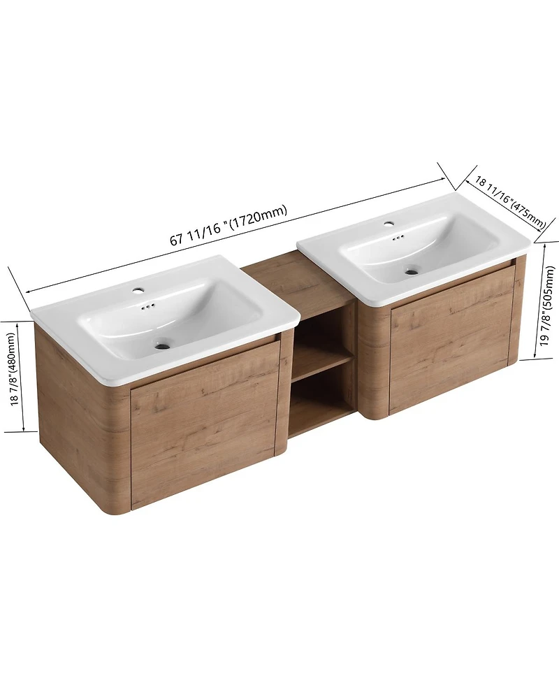 Sillysis Inch Wall Mounted Double Sink Bathroom Vanity with Storage Shelves, Plywood Cabinet and Soft Close Doors