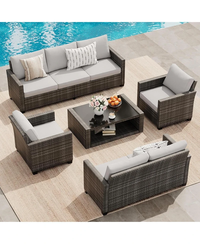 gaomon Patio Furniture Set 5 Pieces, 7-Seat Pe Rattan Wicker Outdoor Sectional Patio Conversation Set