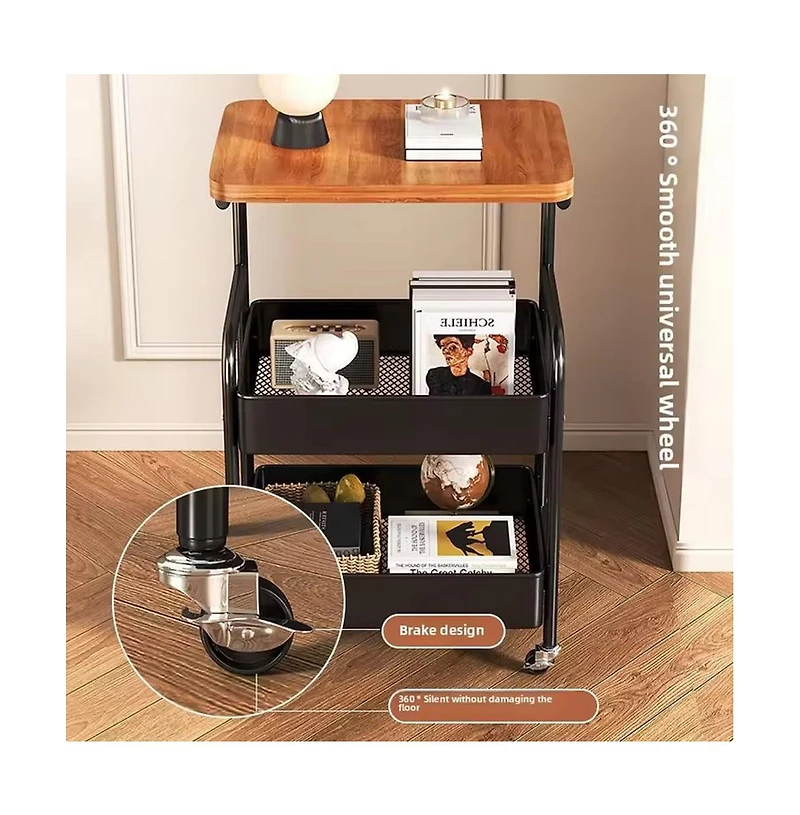gaomon 3-Tier Rolling Cart w/Wooden Tabletop, Utility Cart w/Lockable Wheels, Multipurpose Storage Organizer Trolley for Kitchen, Office, Bedroom
