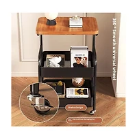 gaomon 3-Tier Rolling Cart w/Wooden Tabletop, Utility Cart w/Lockable Wheels, Multipurpose Storage Organizer Trolley for Kitchen, Office, Bedroom