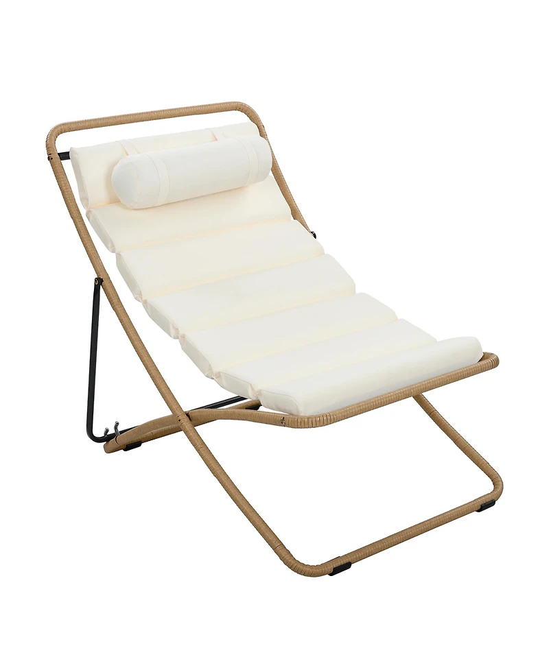 Rainsken 2-Piece Foldable Rattan Lounge Chair Set, Outdoor Reclining Chair with Adjustable Backrest, Thick Cushion and Removable Headrest for Beach