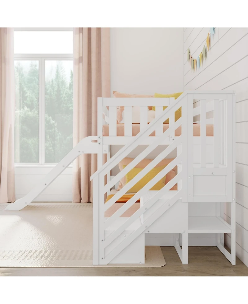 Max & Lily Twin Over Twin Low Bunk Bed with Slide and Stairs, Solid Wood Kids Platform Bed with 14" Guardrails