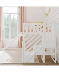 Max & Lily Twin Size Low Loft Bed with Slide and Stairs, Solid Wood Kids Platform Bed with 14" Guardrails