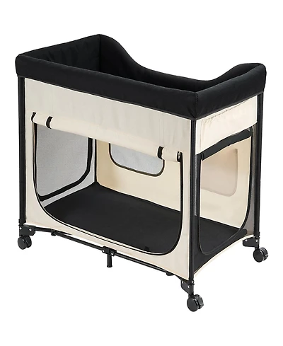 Aostirmotor Large Foldable Elevated Pet Lounge Bed with wheels and side storage bags, sturdy raised design, portable and convenient