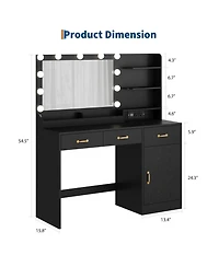 Homfan Makeup Vanity Desk with Led Mirror, Power and Charging Station, 3 Drawers, 2 Cubbies, Cabinet, Shelves, Wooden Dressing Table for Bedroom