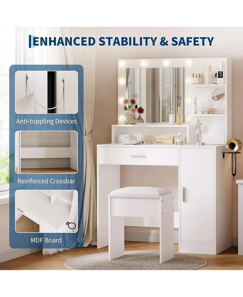 Homfan Modern Vanity Desk with Mirror Led Lights, Power Outlet, Storage Shelf, Hairdryer Rack, Adjustable Lighting, Cushioned Stool for Bedroom