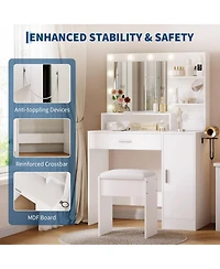 Homfan Modern Vanity Desk with Mirror Led Lights, Power Outlet, Storage Shelf, Hairdryer Rack, Adjustable Lighting, Cushioned Stool for Bedroom