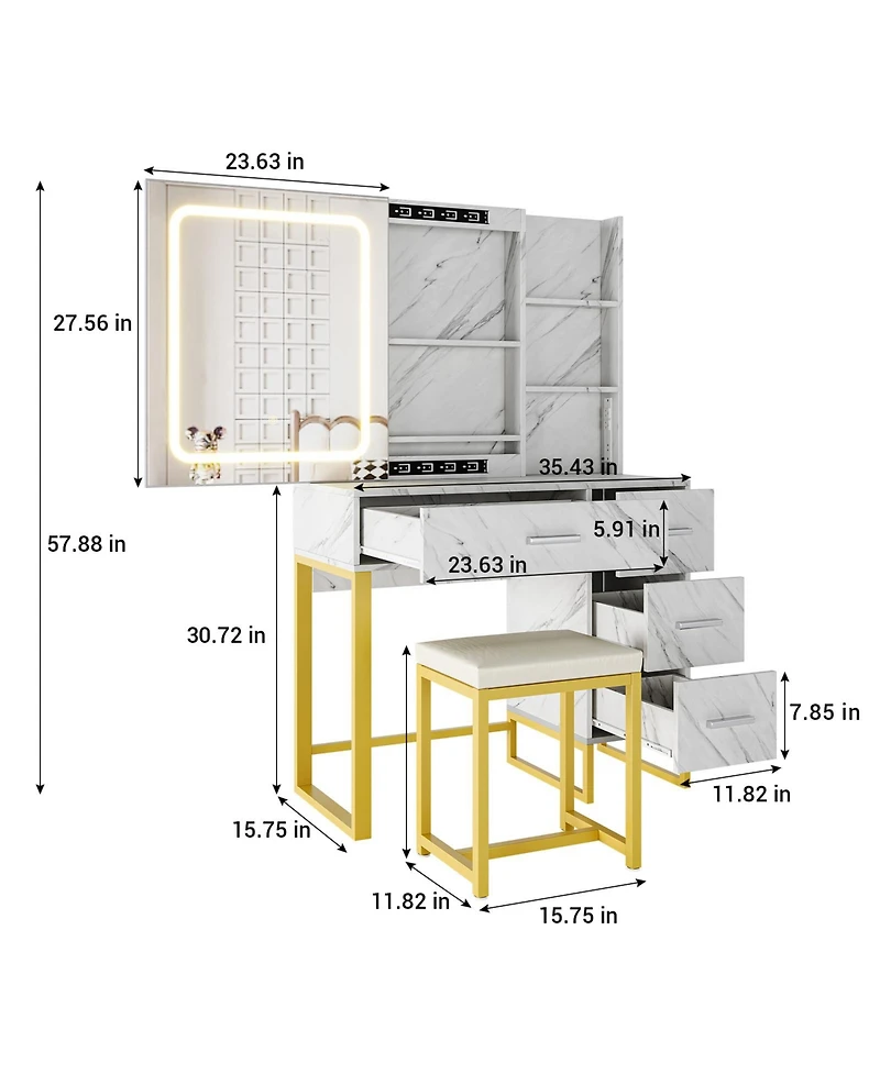 Homfan Modern Makeup Vanity Desk with Led Mirror, Charging Station, 4 Drawers, Storage Shelves & Cushioned Stool