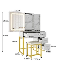 Homfan Modern Makeup Vanity Desk with Led Mirror, Charging Station, 4 Drawers, Storage Shelves & Cushioned Stool