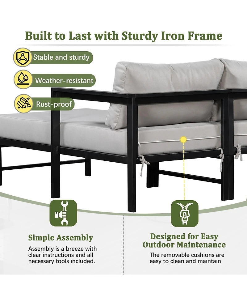 Rainsken All-Weather L-Shaped Outdoor Sofa, 3-Seater Patio Couch with Sturdy Iron Frame and Ultra-Thick Cushions for Balcony, Garden and Backyard
