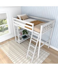 Max & Lily Solid Wood High Loft Bed,Twin Bed Frame For Kids With Bookcase and Ladder
