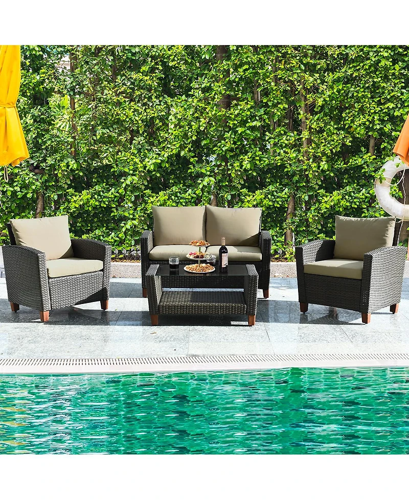 4PCS Patio Rattan Furniture Set Solid Wood Leg Cushioned Sofa Garden Lawn