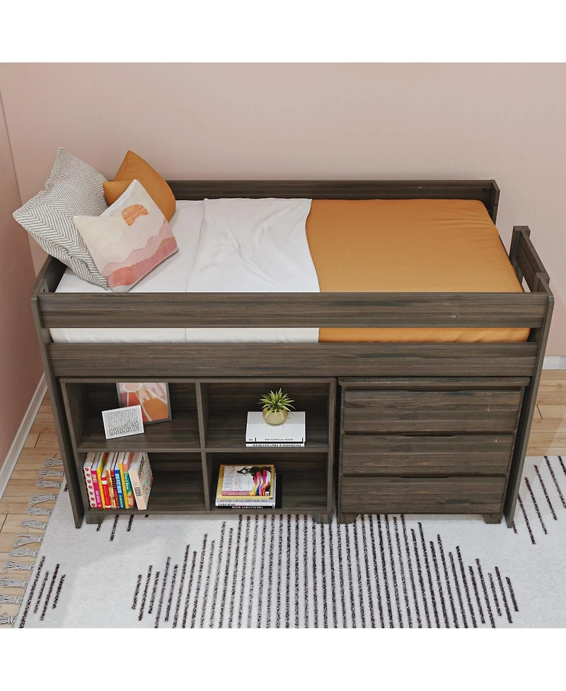 Max & Lily Modern Farmhouse Low Loft Bed, Twin Bed Frame for Kids with 3-Drawer Dresser and 4-Shelf Bookcase