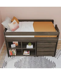Max & Lily Modern Farmhouse Low Loft Bed, Twin Bed Frame for Kids with 3-Drawer Dresser and 4-Shelf Bookcase